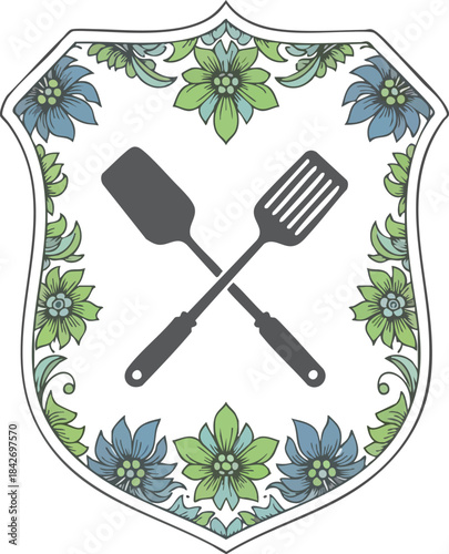 Culinary Crest Kitchen Spatulas in a Floral Emblem