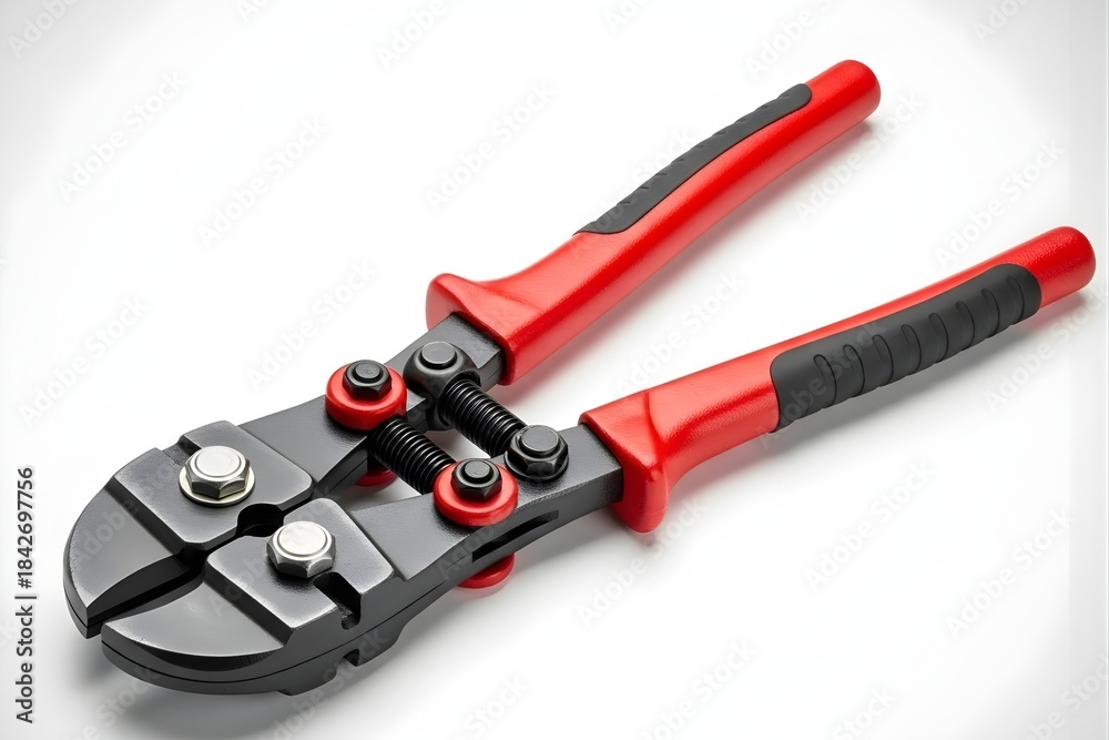 Fototapeta premium Heavy duty bolt cutters with red and black handles on white background