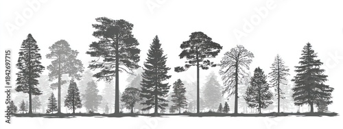 Silhouette of various trees, varying heights and shapes, against a white background. Black & white