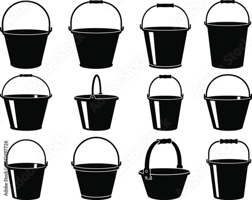 Set of metal bucket silhouettes in various shapes and handle styles for tools, utility containers and equipment, clean flat vector illustration