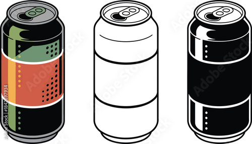 Soda can silhouette & Outline and illustration set isolated on transparent background