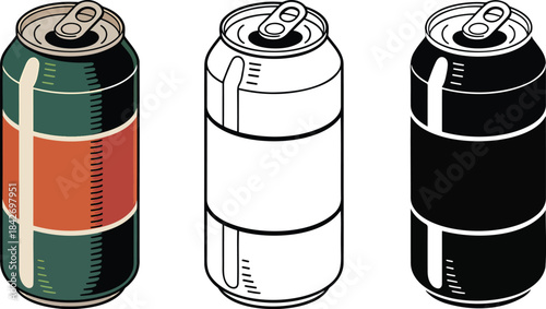 Soda can silhouette & Outline and illustration set isolated on transparent background