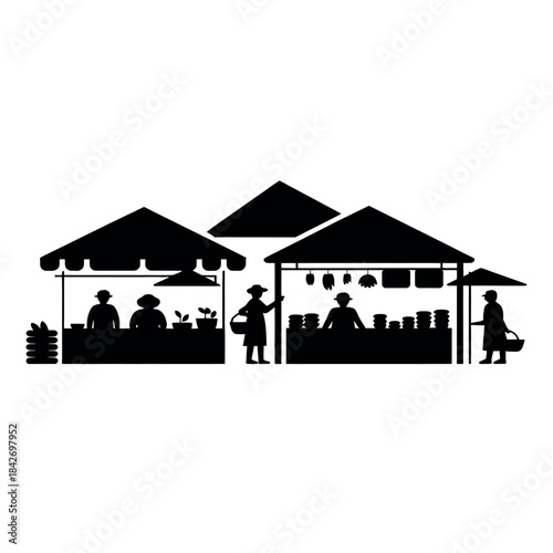Busy outdoor market scene with vendors and customers Vector