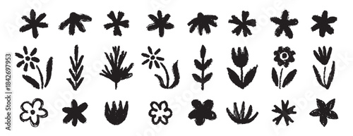 Grunge trendy doodle flowers leaves set. Hand drawn brush flowers crayon, chalk texture. Flowers textured collection