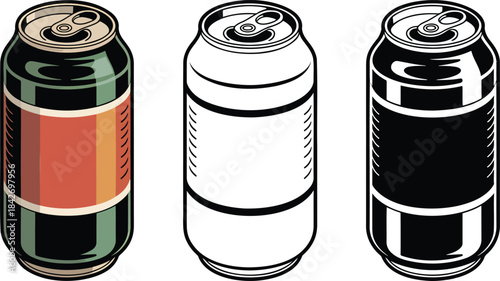 Soda can silhouette & Outline and illustration set isolated on transparent background