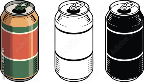 Soda can silhouette & Outline and illustration set isolated on transparent background