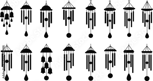 Wind chime silhouette collection, black vector icons, hanging bells, tubes, pendulums, decorative shapes, nature sound decor, minimalist illustration