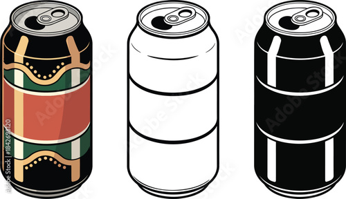 Soda can silhouette & Outline and illustration set isolated on transparent background