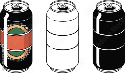 Soda can silhouette & Outline and illustration set isolated on transparent background