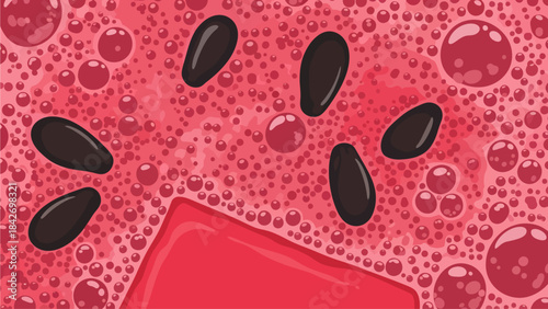 A vibrant, stylized close-up of juicy watermelon flesh features glossy black seeds and a rectangular block surrounded by a textured sea of effervescent pink bubbles, evoking a refreshing summer feel