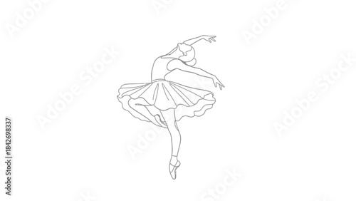Elegant single line drawing of a graceful ballerina in a classic pose showcasing the beauty and fluidity of ballet dance with a minimalist aesthetic on a clean white background