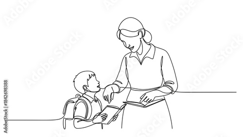 A teacher or parent guides a young student with a backpack as they read a book together in a simple clean line art illustration
