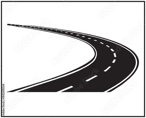 A clean and minimal illustration of a long curve road disappearing into the distance. The design features smooth black asphalt, white side lines, and also with a white dashed center markings.