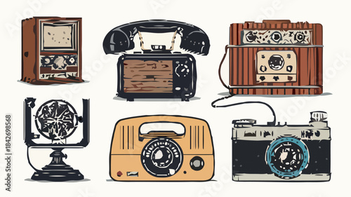 Classic Vintage Gadgets Silhouette Icons - Retro Technology, Old Cameras, and Antique Devices