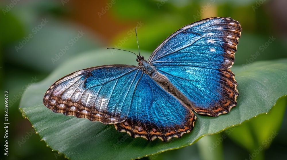 Fototapeta premium nature illustration of a brilliant blue Morpho butterfly resting on a large, deep green rainforest leaf. Focus on the iridescent, metallic texture of the wings and the intricate black marginal 
