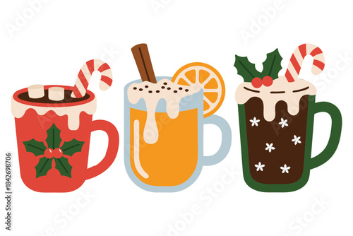 Cozy collection of vector hot drinks for christmas and winter holidays, featuring steaming mugs with cinnamon sticks and candy canes