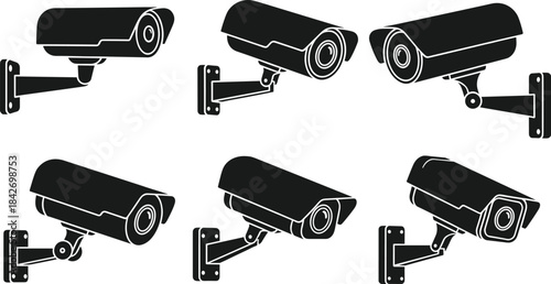 Set of Modern CCTV Security Camera Silhouettes Mounted on Walls, Representing Surveillance, Protection, Privacy, Video Monitoring, Home Safety, and Digital Technology Icons.
