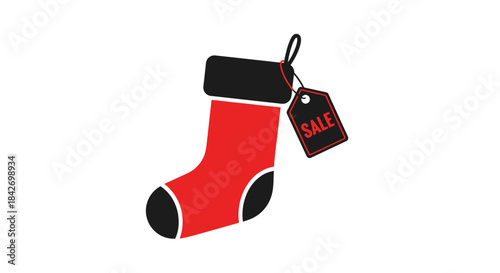 Festive Sale: A vibrant red stocking with a black trim and toe, adorned with a sale tag. Representing the spirit of the season.