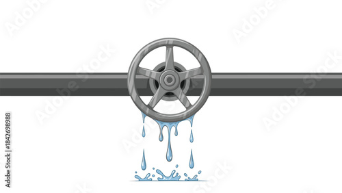 Leaking pipe with water droplets falling from a rusty wheel valve on a dark green pipe