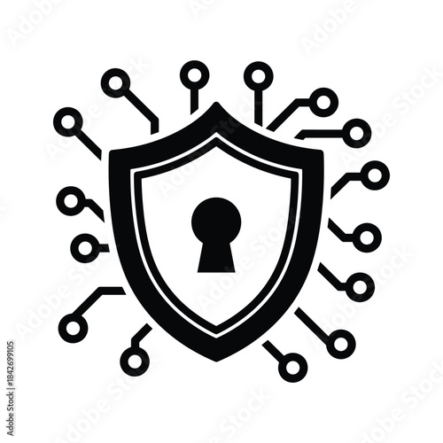 Cybersecurity shield with circuit board and keyhole