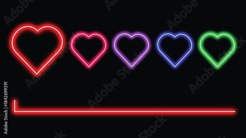Five vibrant neon heart icons display a colorful health or rating bar element against a stark perfect for digital interfaces