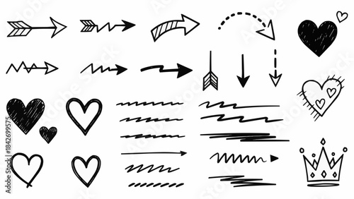 Hand drawn doodle arrows hearts and crowns set.