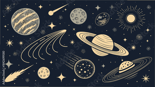 Galaxy Elements Vector Silhouette Set: Planets, Stars, and Cosmic Objects for Space Exploration and Astronomy Themed Design