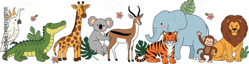 Cute cartoon jungle animal vector set featuring giraffe, tiger, elephant, lion, monkey, crocodile, koala, and exotic wildlife characters for children’s illustrations and designs.