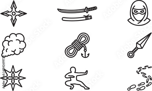 Black outline icons of ninja weapons and symbols on white background shuriken katana