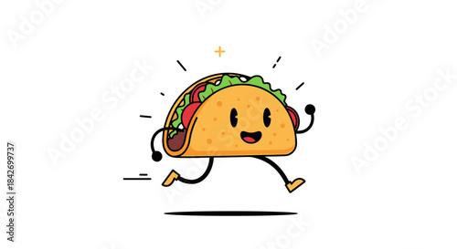 A happy cartoon taco with a smiling face, arms, and legs is running or jogging, illustrating motion and joy.