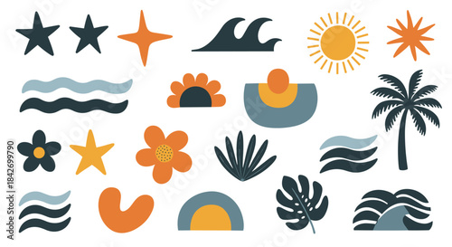 Collection of abstract, hand-drawn nature and summer elements featuring sun, waves, stars, flowers, and tropical leaves in a minimalist design.