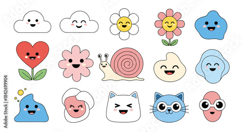 A collection of various cute and happy cartoon vector characters including clouds, flowers, a heart plant, a snail, blobs, and cats on a white background.
