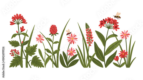 Colorful illustration of various flowers and a bee on green stems for decoration and design