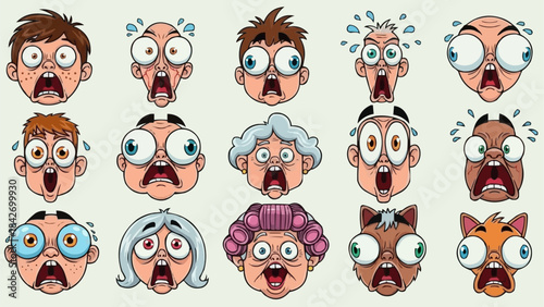 Collection of Diverse Cartoon Faces Expressing Shock and Surprise.