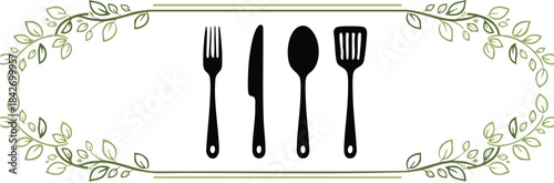 Culinary tools in frame with foliage, ideal for culinary blog or recipe card
