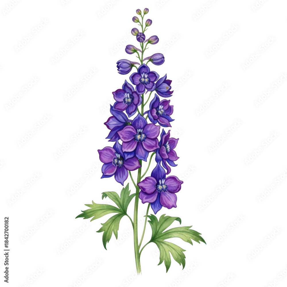 Obraz premium Vintage delphinium flower botanical art print beautiful purple blossom realistic detail transparent background