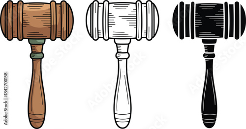 Wooden gavel silhouette & Outline and illustration set isolated on transparent background
