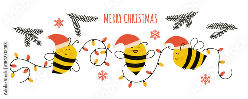 Merry Christmas. Cute funny holiday bees wearing a Santa hats and flying with Christmas garland. Christmas Tree branches, Snowflakes. Cheerful winter pattern for greeting cards, stickers, package 