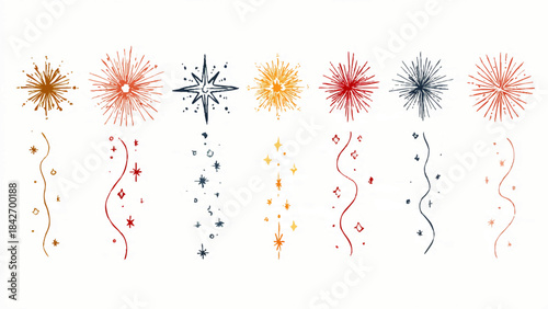 Festive Firework Line Icon Collection Happy New Year Celebration Set
