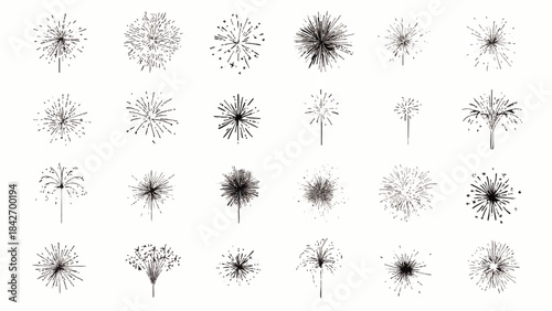 Minimal Line Art Fireworks Icon Set Happy New Year Celebration