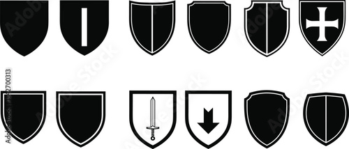 Shield icon collection, black vector emblems, heraldic symbols, defense badges, game UI elements, medieval protection design illustration set