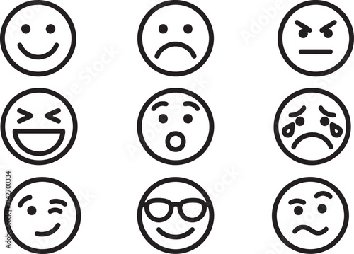 Nine black and white line art emoji faces showing different emotions on a white background expression