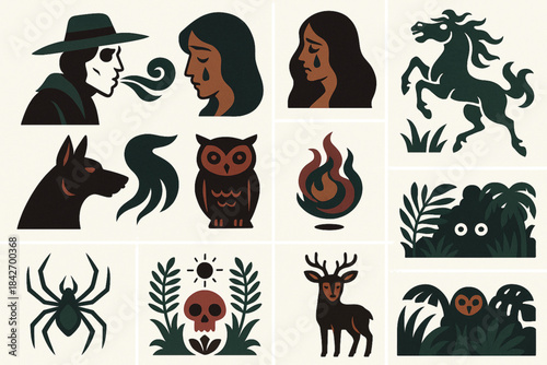 Venezuelan folk spirit icons in stylized dramatic vector grid with dark balanced palette on white background