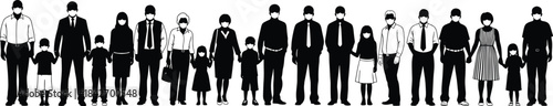 Silhouettes of masked adults and children standing in line representing public health, safety, and pandemic-era social unity