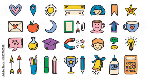 Random school elements set, primary cute icons, colorful, hand drawn