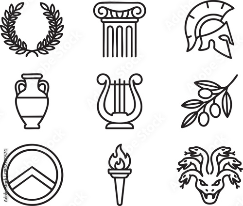 Ancient Greek icons laurel wreath column helmet amphora lyre olive branch shield torch hydra symbol