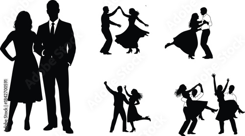 Silhouettes of couples dancing and standing in formal and expressive poses representing elegance, joy, and social connection