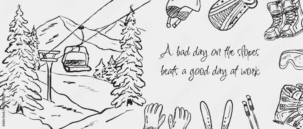 Fototapeta premium Hand drawn winter mountain with ski lift. Gear illustrations including gloves, boots, goggles, snowboard, and backpack. Vector sketch illustration in vintage crayon charcoal style. Winter sports