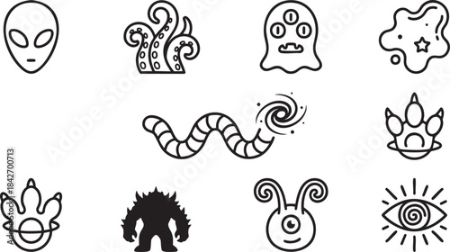 Collection of stylized alien and monster icons including extraterrestrial head tentacles and eye