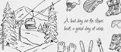 Hand drawn winter mountain with ski lift. Gear illustrations including gloves, boots, goggles, snowboard, and backpack. Vector sketch illustration in vintage crayon charcoal style. Winter sports